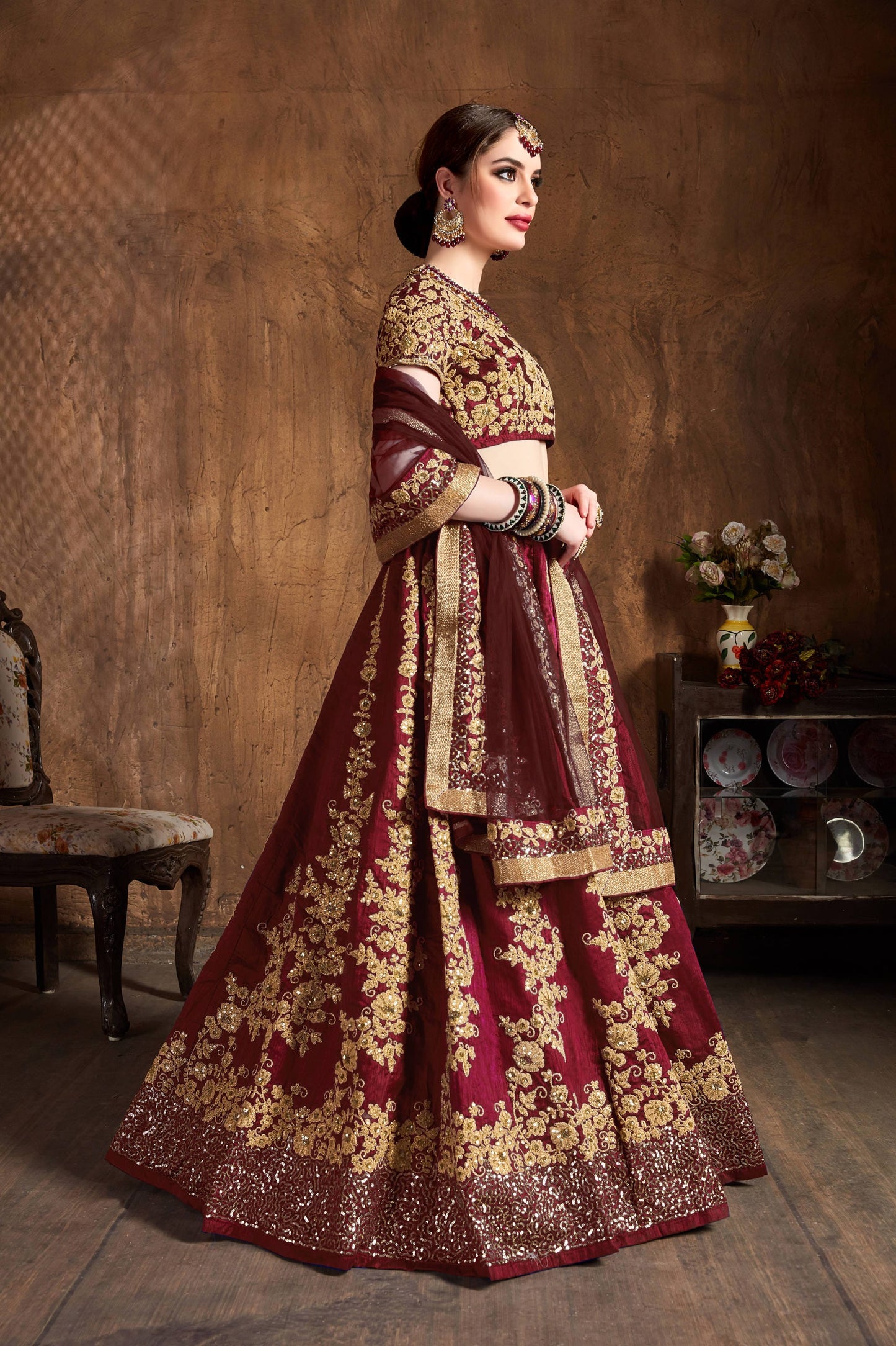 Raw Silk Engagement Sangeet Lehenga with Embroidered work in Maroon color-82108