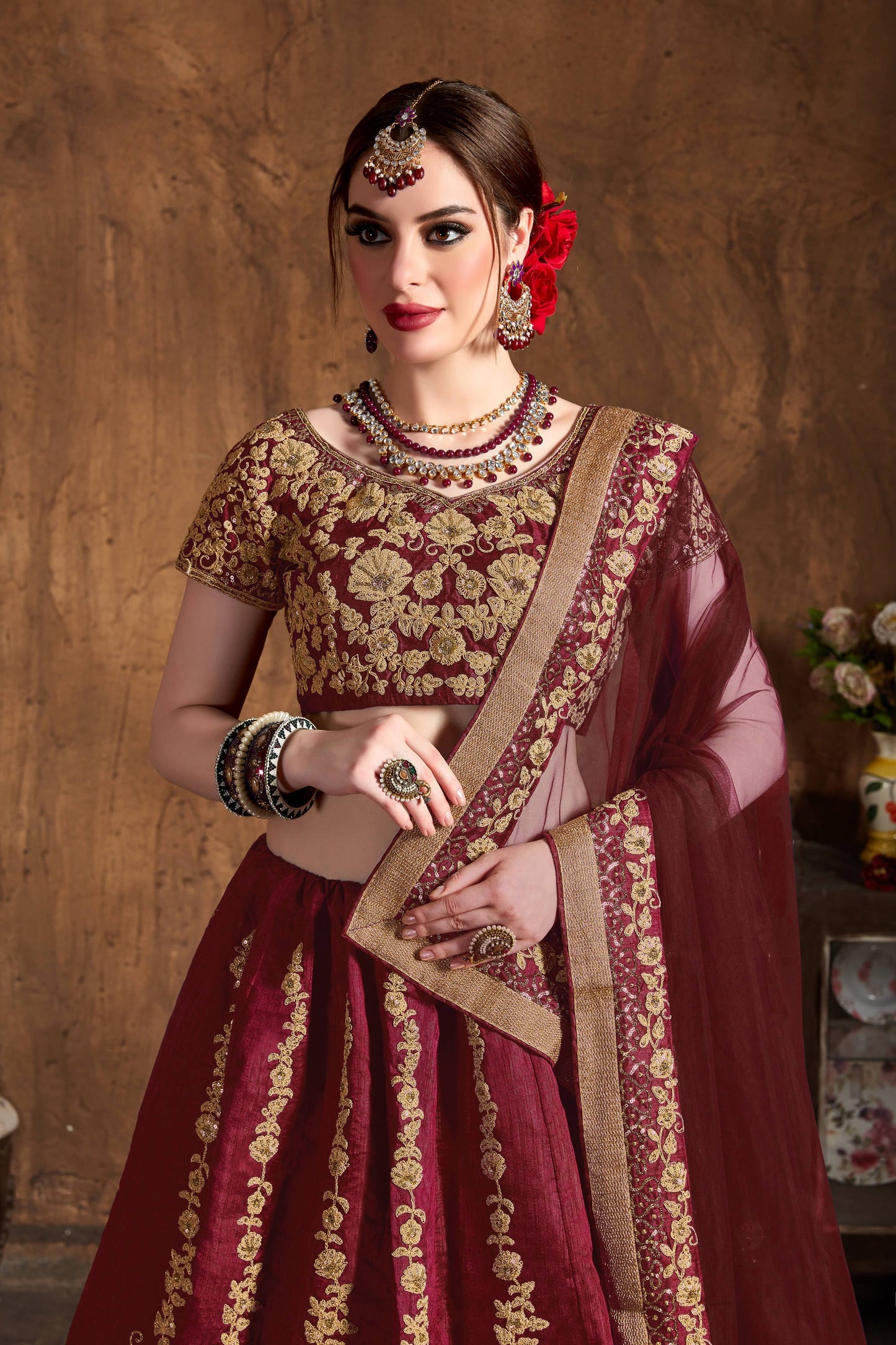 Raw Silk Engagement Sangeet Lehenga with Embroidered work in Maroon color-82108