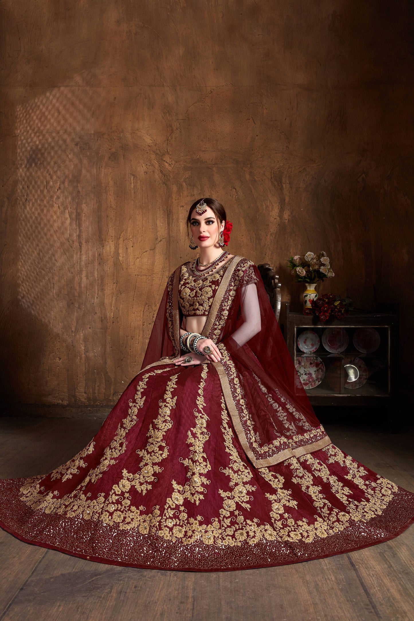 Raw Silk Engagement Sangeet Lehenga with Embroidered work in Maroon color-82108