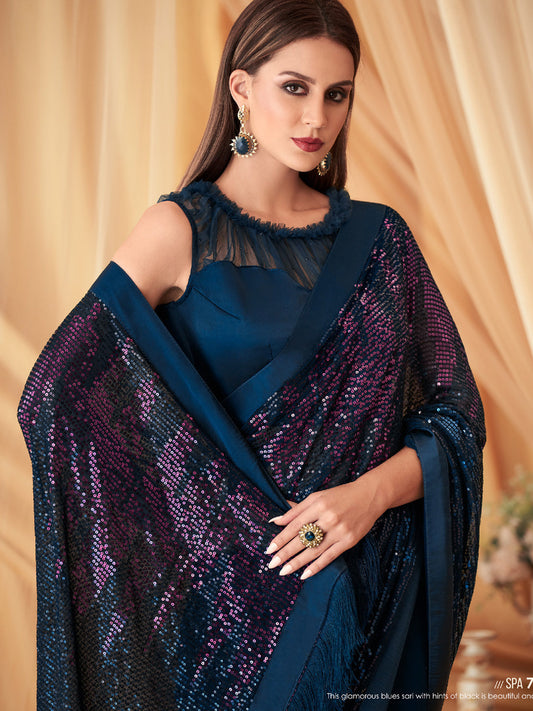 Embroidered Shimmer Georgette Silk Partywear Traditional Saree In Blue Color-81516