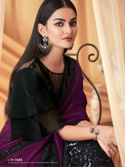 Embroidered Shimmer Georgette Silk Partywear Traditional Saree In Purple Color-81517