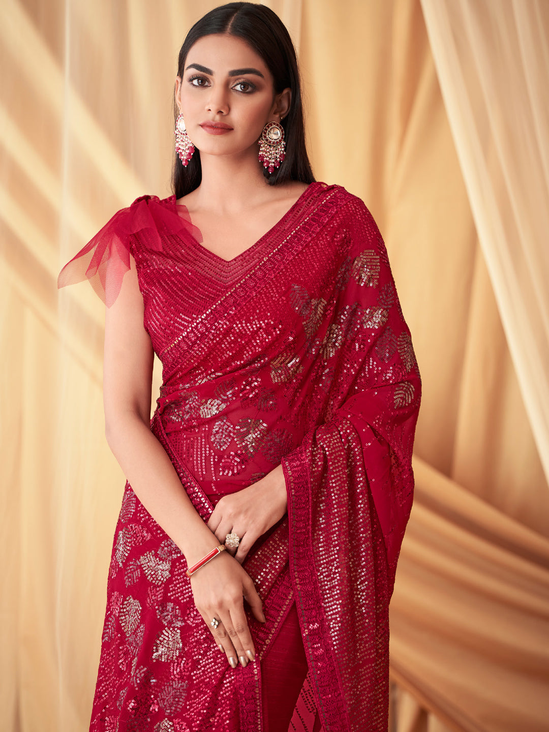 Embroidered Shimmer Georgette Silk Partywear Traditional Saree In Red Color-81519