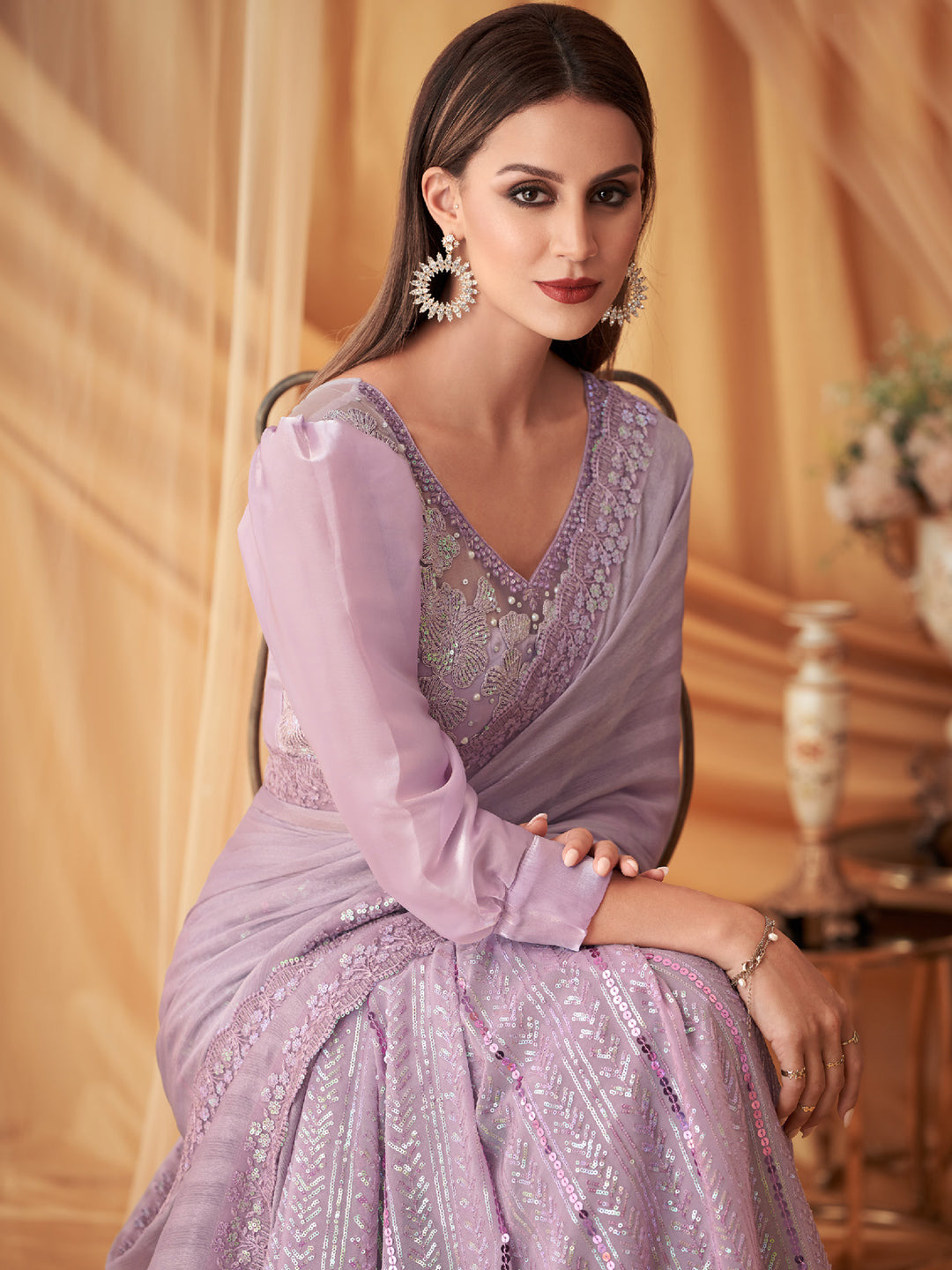 Embroidered Shimmer Georgette Silk Partywear Traditional Saree In Violet Color-81520
