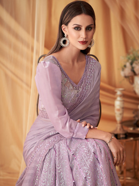 Embroidered Shimmer Georgette Silk Partywear Traditional Saree In Violet Color-81520
