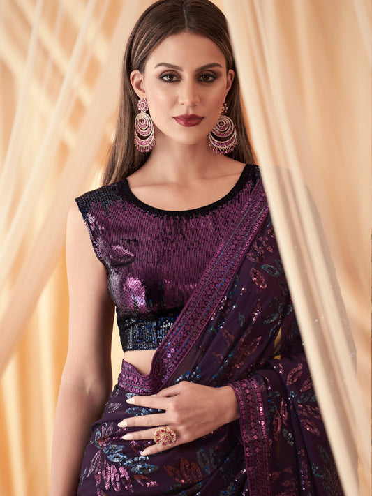 Embroidered Shimmer Georgette Silk Partywear Traditional Saree In Purple Color-81521