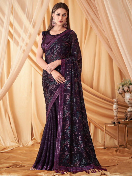 Embroidered Shimmer Georgette Silk Partywear Traditional Saree In Purple Color-81521