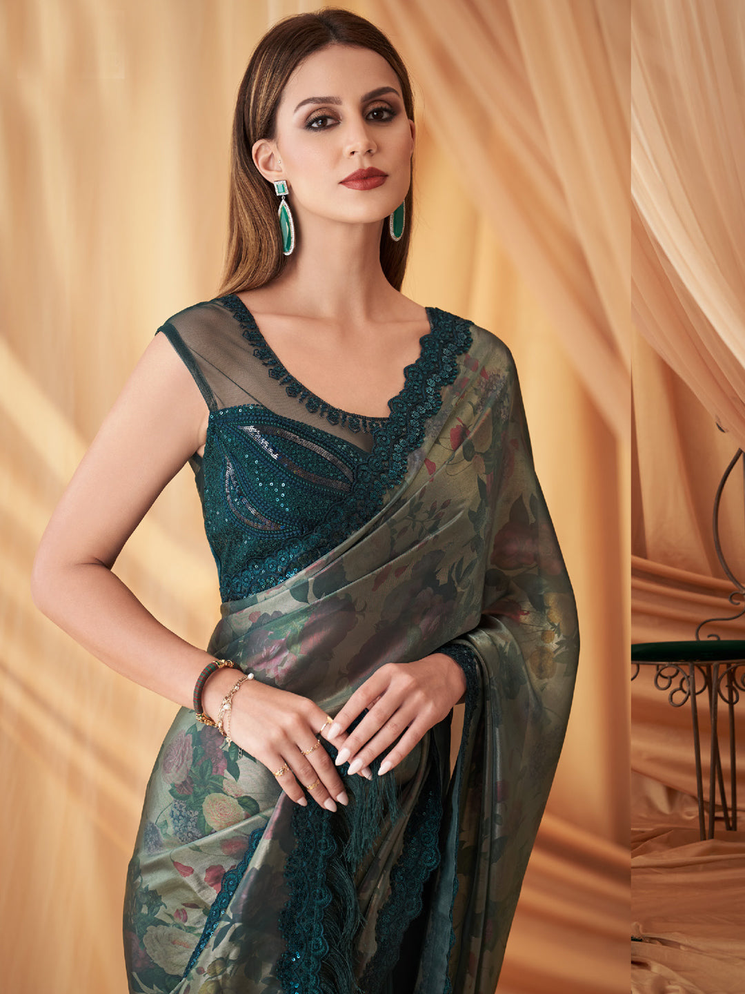 Embroidered Shimmer Georgette Silk Partywear Traditional Saree In Green Color-81522