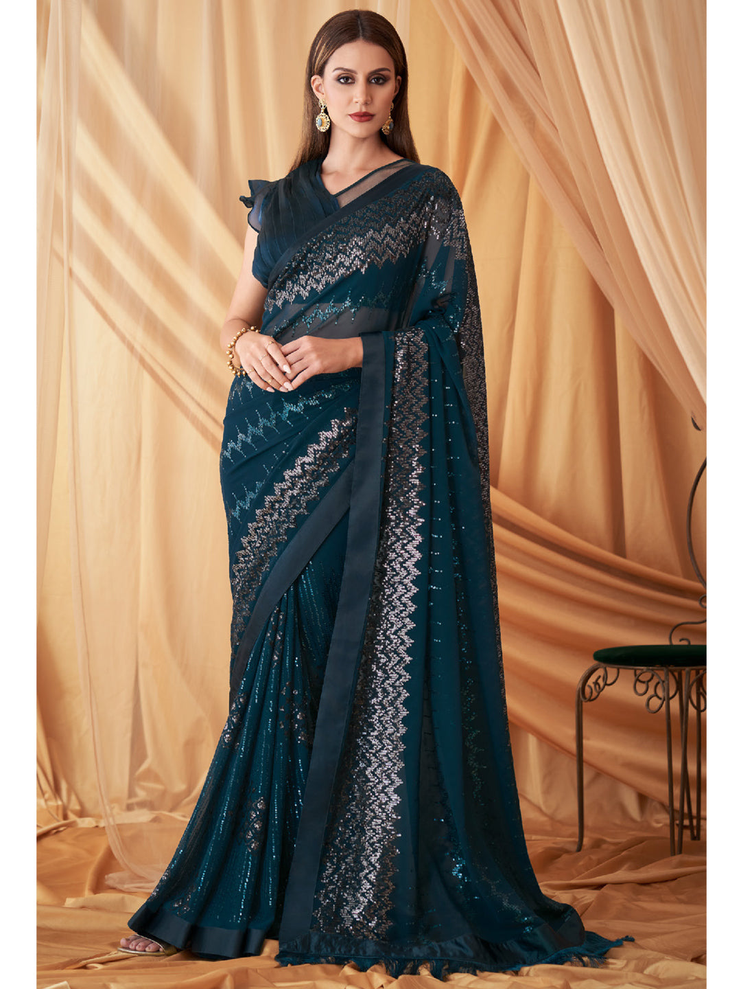 Embroidered Shimmer Georgette Silk Partywear Traditional Saree In Blue Color-81524