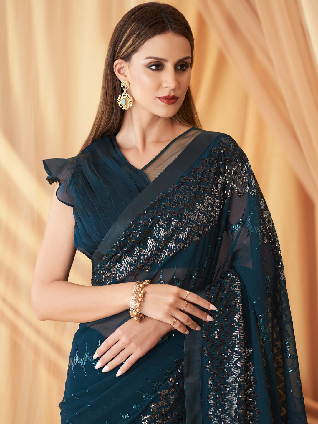 Embroidered Shimmer Georgette Silk Partywear Traditional Saree In Blue Color-81524
