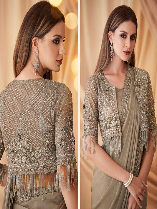 Embroidered Shimmer Georgette Silk Partywear Traditional Saree In Gold Color-81525