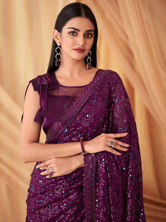 Embroidered Shimmer Georgette Silk Partywear Traditional Saree In Purple Color-81526