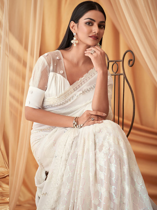 Embroidered Shimmer Georgette Silk Partywear Traditional Saree In white Color-81527