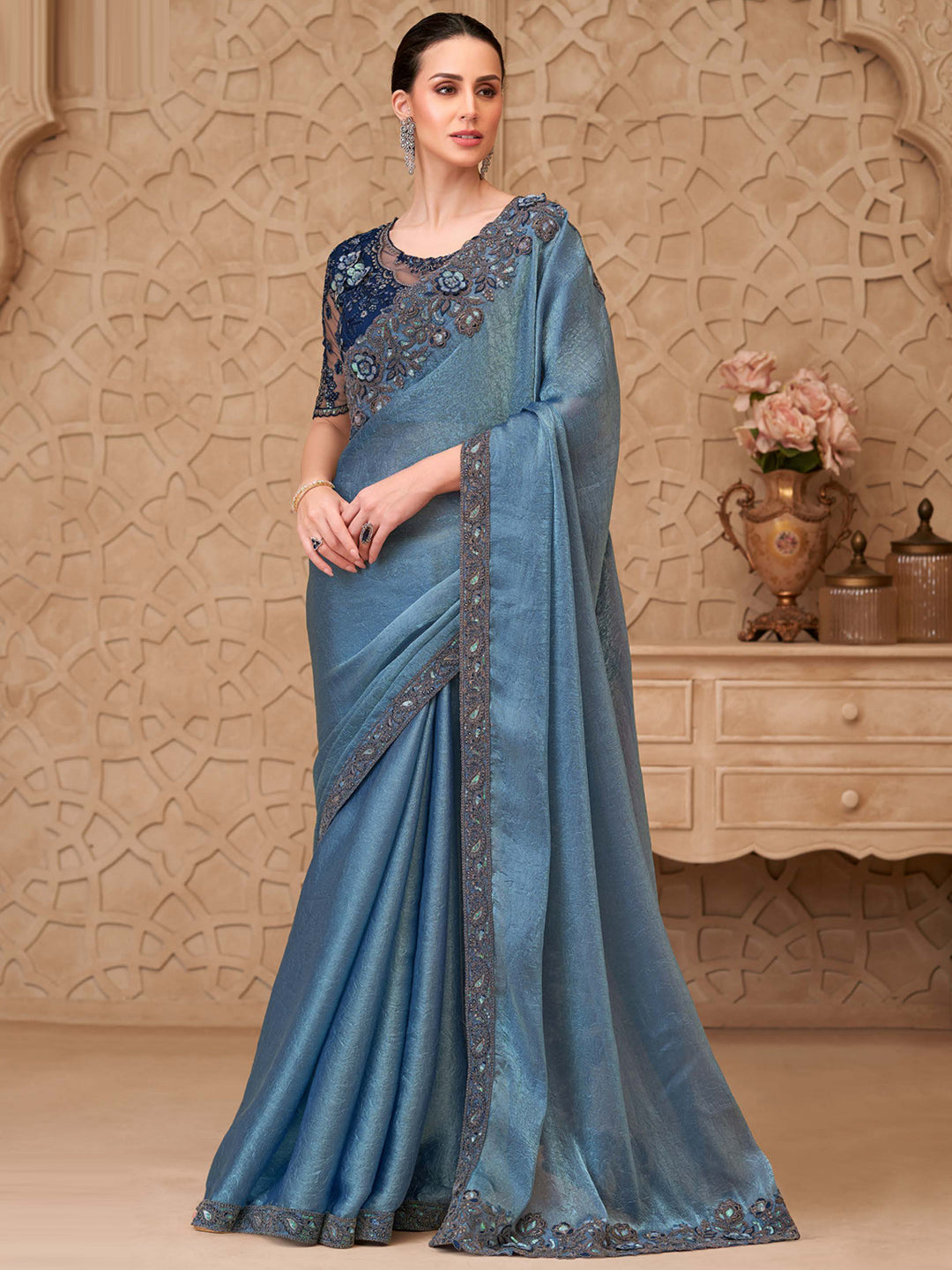 Metal Blue Sartin Crush Georgette with Embroidered Saree-32007