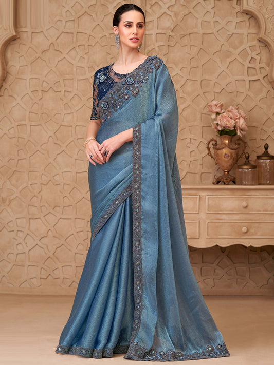 Metal Blue Sartin Crush Georgette with Embroidered Saree-32007