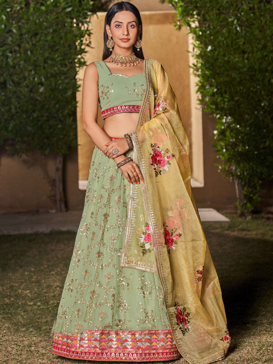Georgette Traditional Reception Semi-Stitched Lehenga Choli In Green color-40989