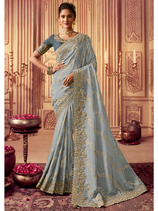 Zari Embroidered Designer Viscose with Golden Smoke Bridal Traditional Saree In Greyish Blue-81136
