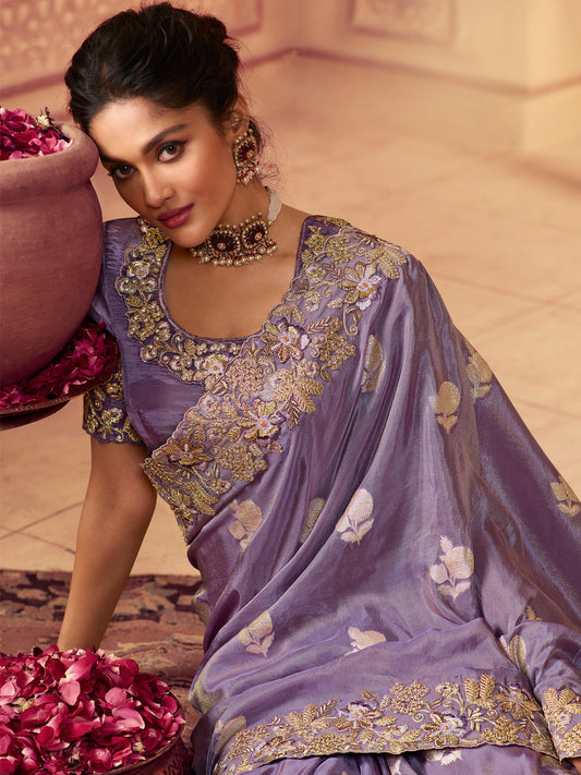 Zari Embroidered Designer Viscose with Golden Smoke Bridal Traditional Saree In Lavender-81137