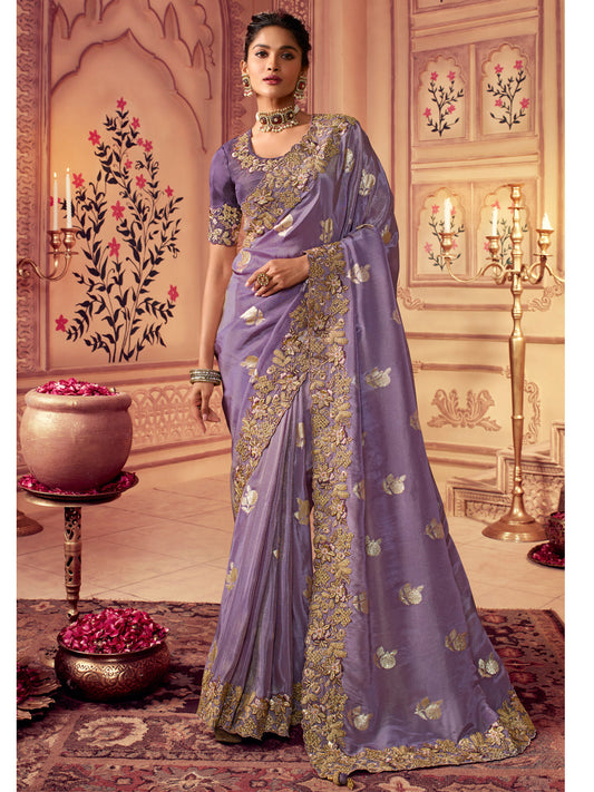 Zari Embroidered Designer Viscose with Golden Smoke Bridal Traditional Saree In Lavender-81137