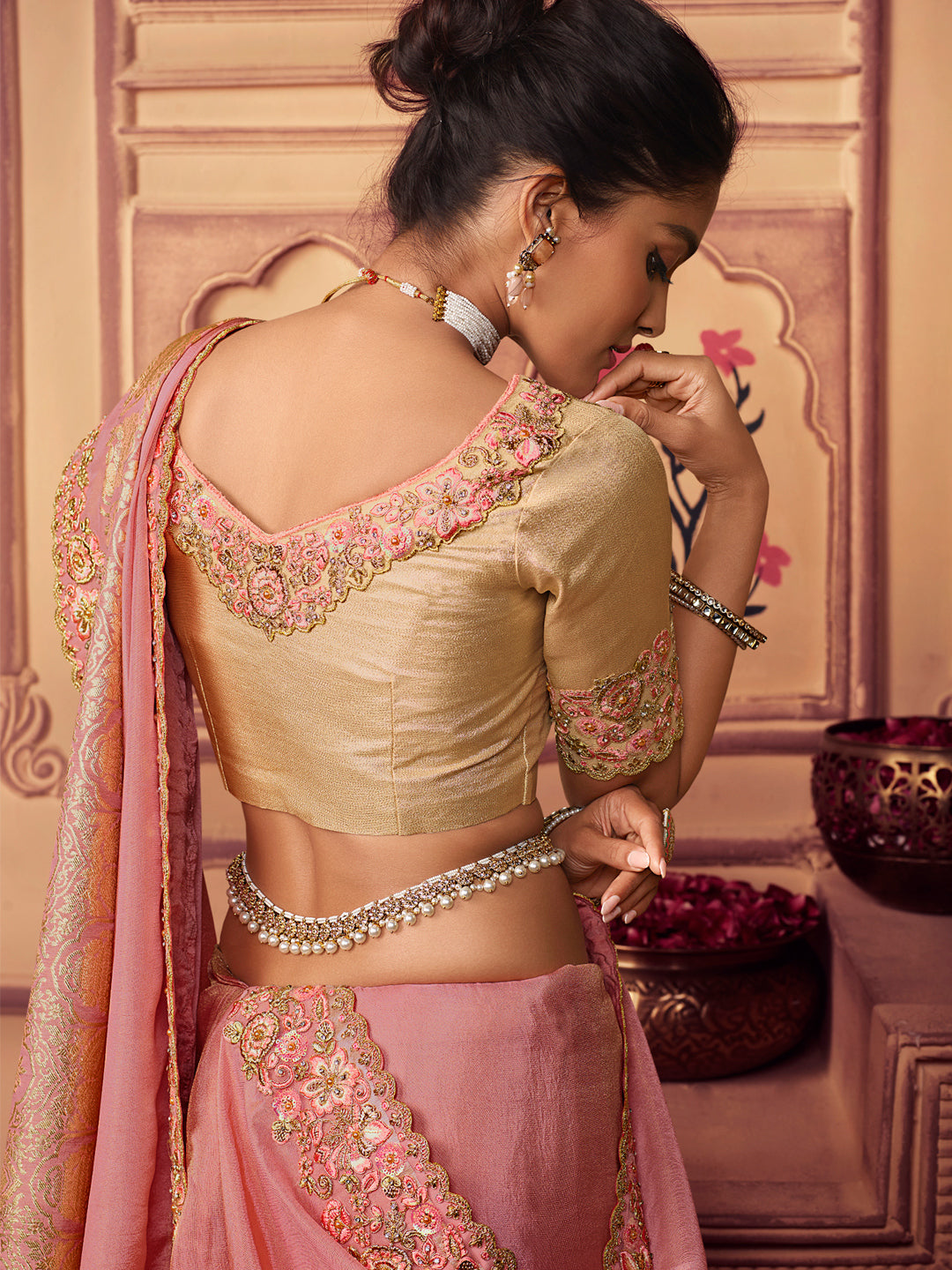 Zari Embroidered Designer Viscose with Golden Smoke Bridal Traditional Saree In Pink-81138