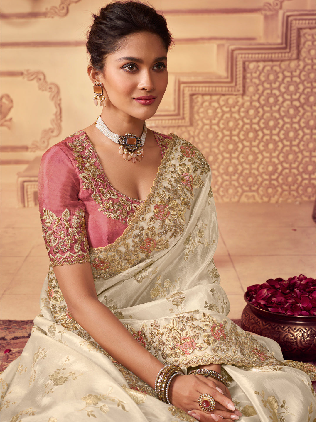 Zari Embroidered Designer Viscose with Golden Smoke Bridal Traditional Saree In  Off White-81139