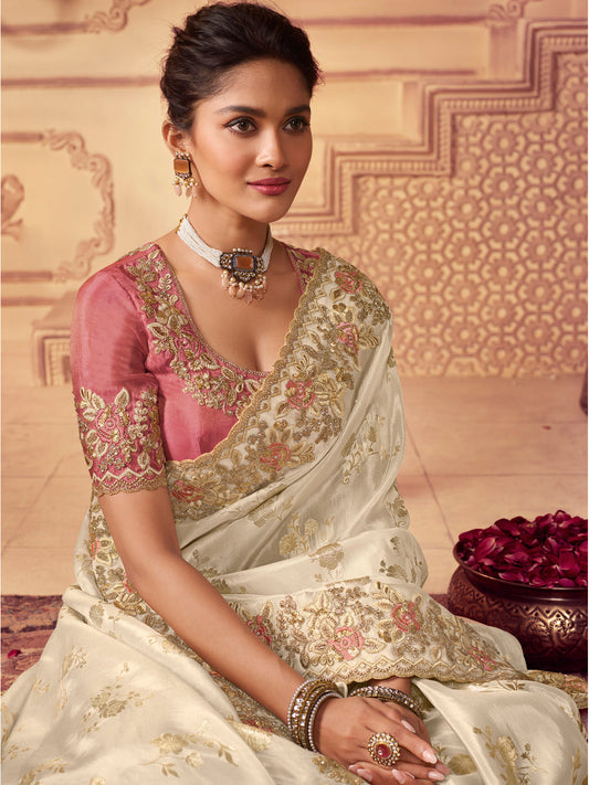 Zari Embroidered Designer Viscose with Golden Smoke Bridal Traditional Saree In  Off White-81139