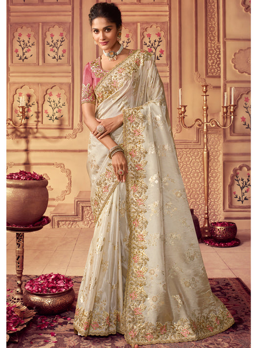 Zari Embroidered Designer Viscose with Golden Smoke Bridal Traditional Saree In  Off White-81139