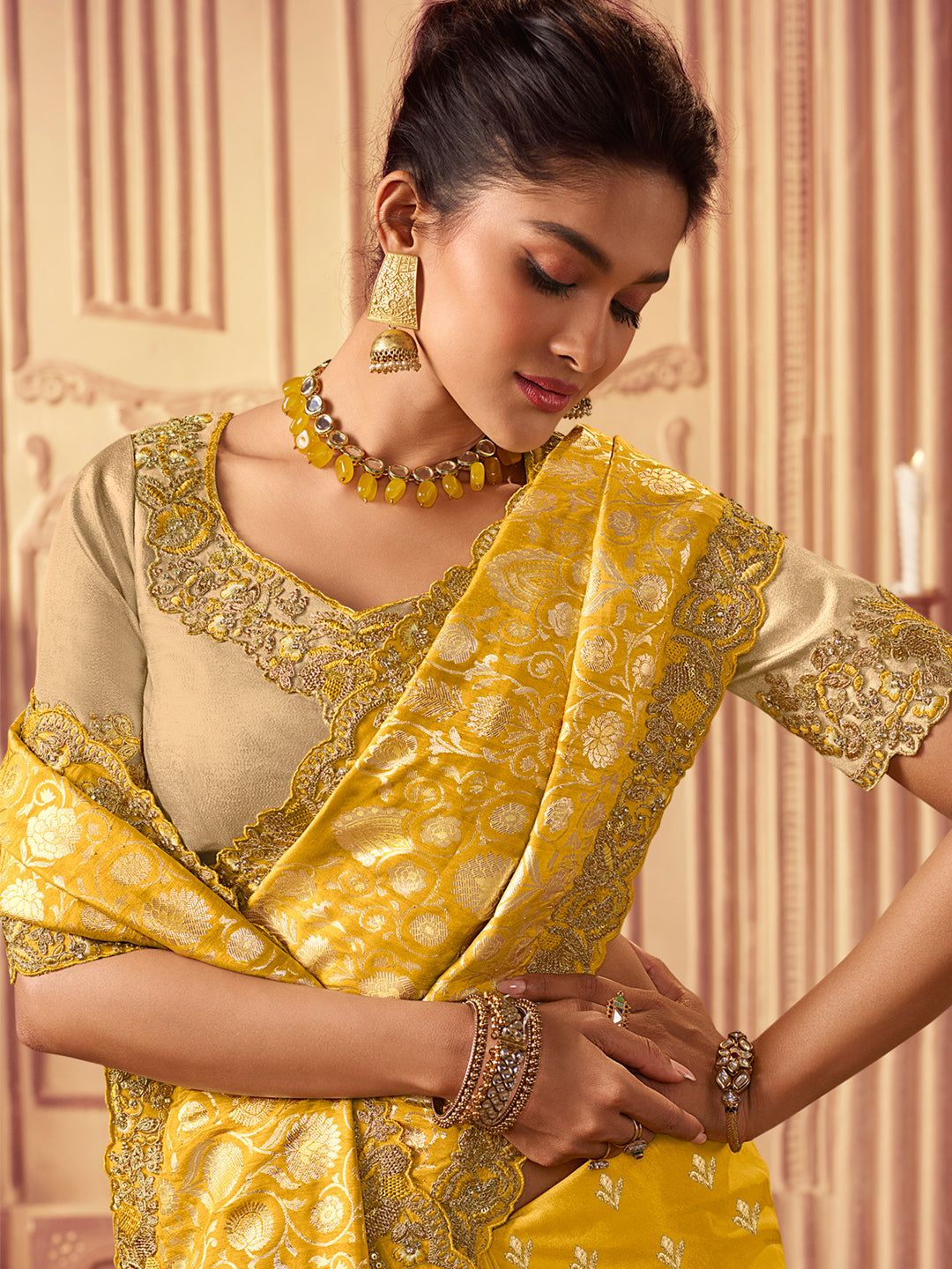 Zari Embroidered Designer Viscose with Golden Smoke Bridal Traditional Saree In Yellow-81140