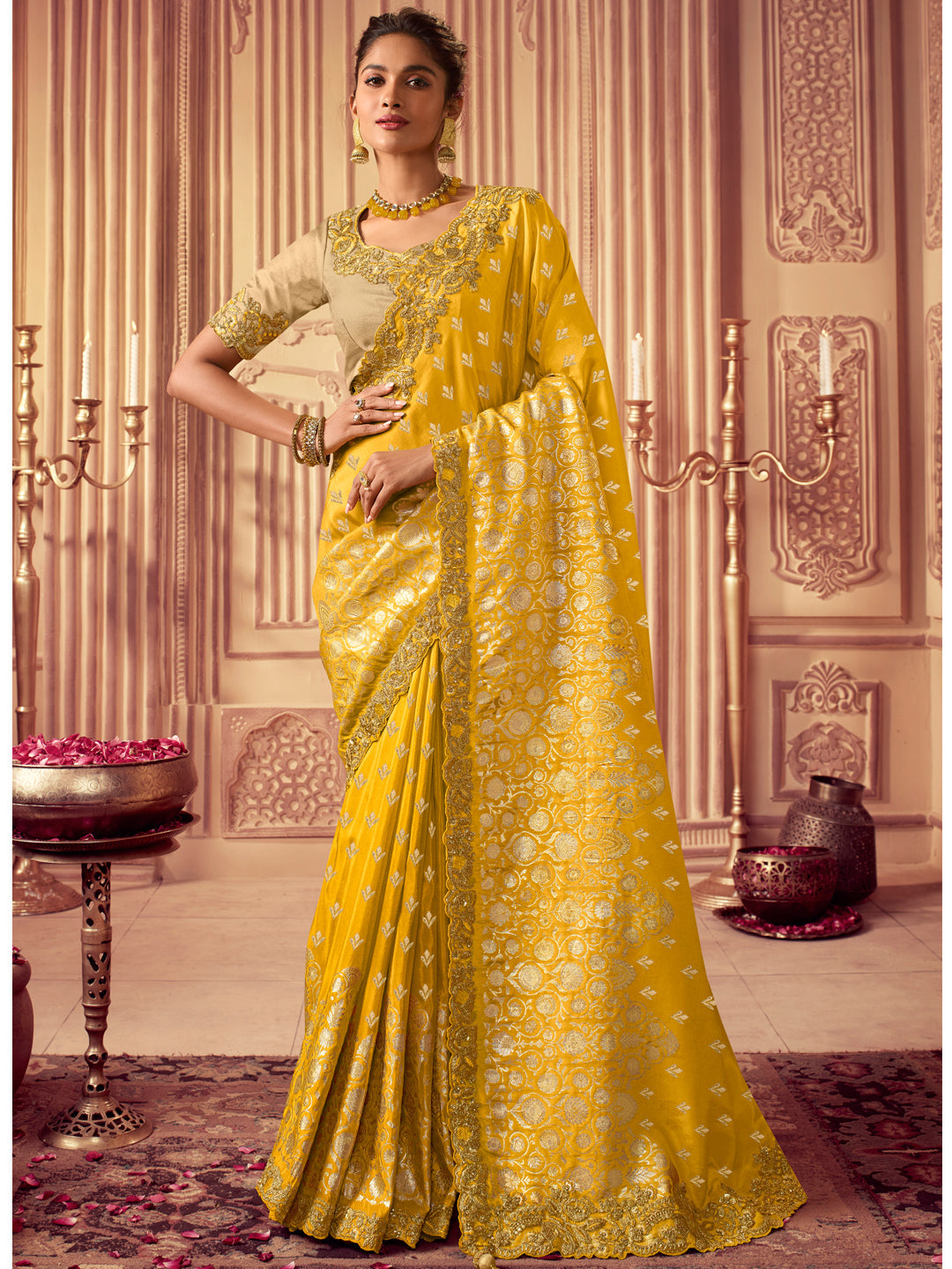Zari Embroidered Designer Viscose with Golden Smoke Bridal Traditional Saree In Yellow-81140