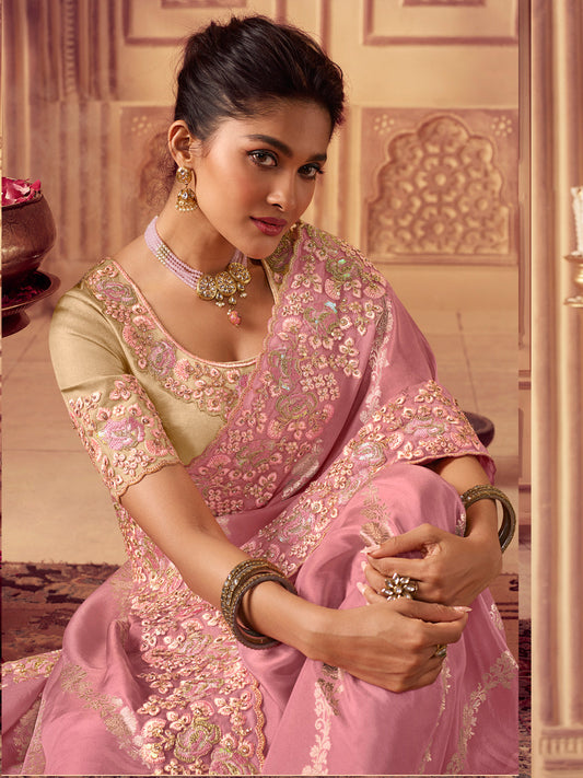 Zari Embroidered Designer Viscose with Golden Smoke Bridal Traditional Saree In Baby Pink-81141