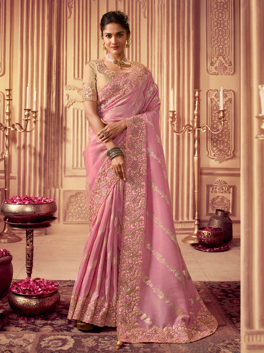 Zari Embroidered Designer Viscose with Golden Smoke Bridal Traditional Saree In Baby Pink-81141