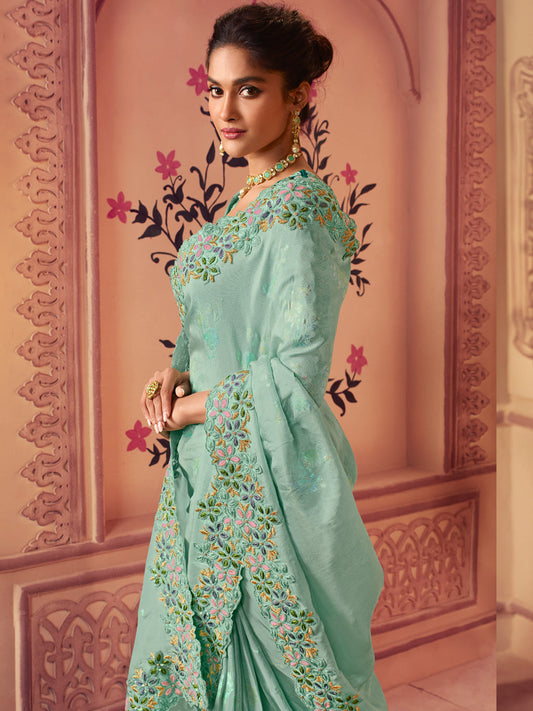 Zari Embroidered Designer Viscose with Golden Smoke Bridal Traditional Saree In Mint Green-81142