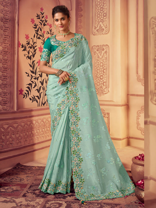 Zari Embroidered Designer Viscose with Golden Smoke Bridal Traditional Saree In Mint Green-81142