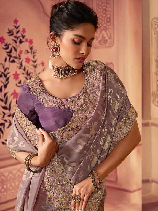 Zari Embroidered Designer Viscose with Golden Smoke Bridal Traditional Saree In Dusty Onion Pink-81143