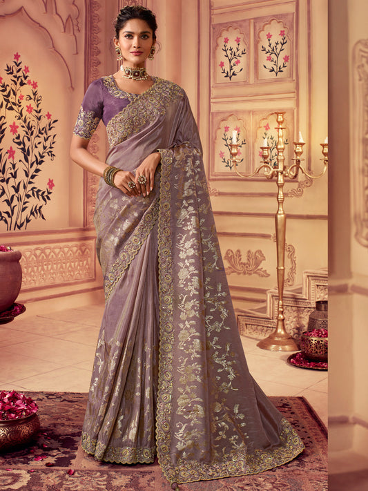 Zari Embroidered Designer Viscose with Golden Smoke Bridal Traditional Saree In Dusty Onion Pink-81143
