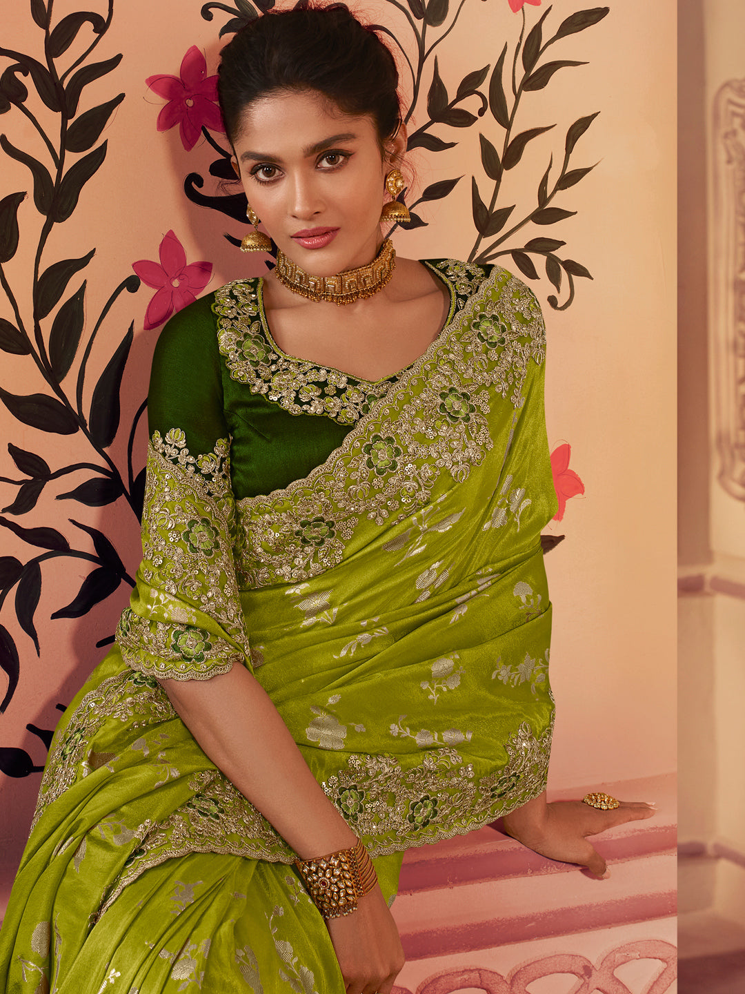 Zari Embroidered Designer Viscose with Golden Smoke Bridal Traditional Saree In Parrot Green-81144