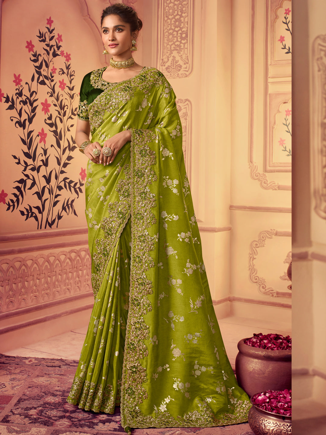Zari Embroidered Designer Viscose with Golden Smoke Bridal Traditional Saree In Parrot Green-81144
