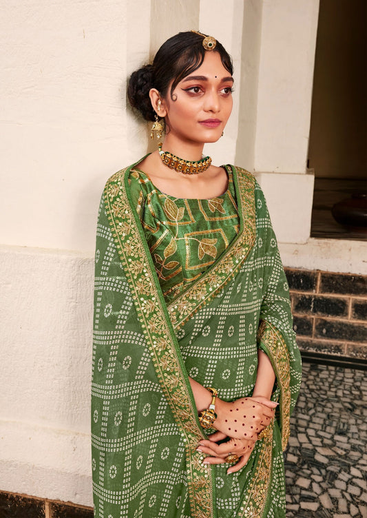 Bandhej Printed Georgette Saree in Green