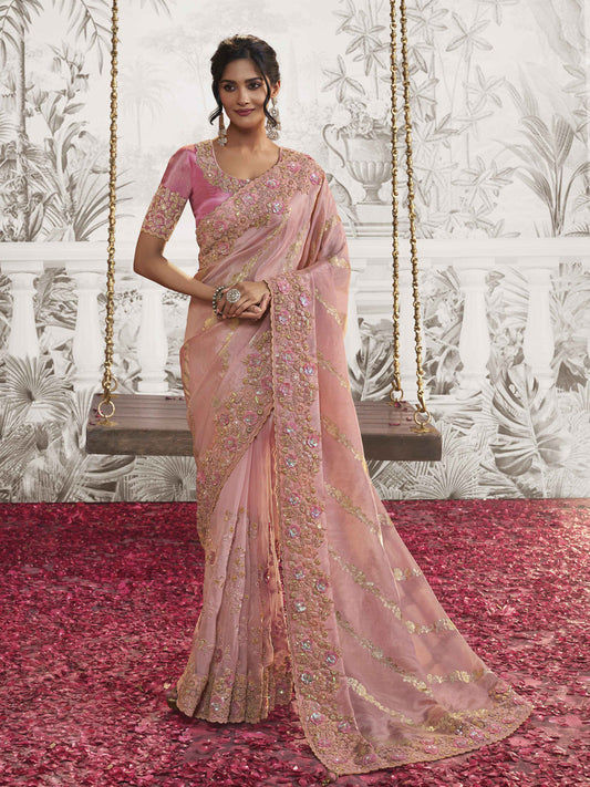 Embroidered Silk Traditional Partywear Saree In Pink Color-81742