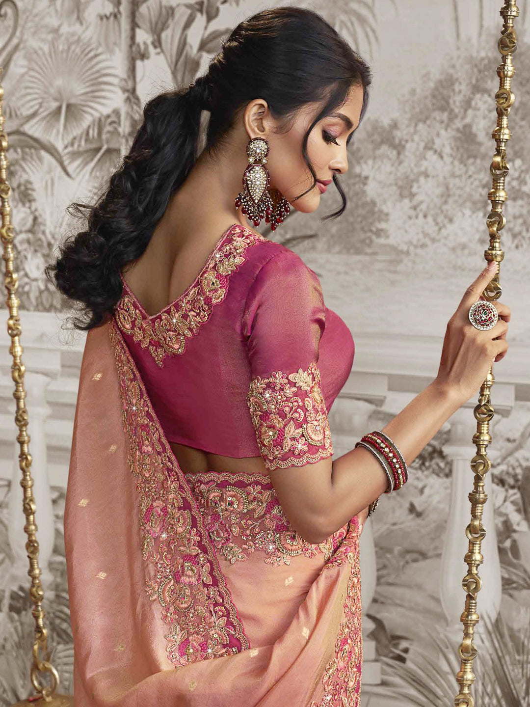 Embroidered Silk Traditional Partywear Saree In Pink Color-81743