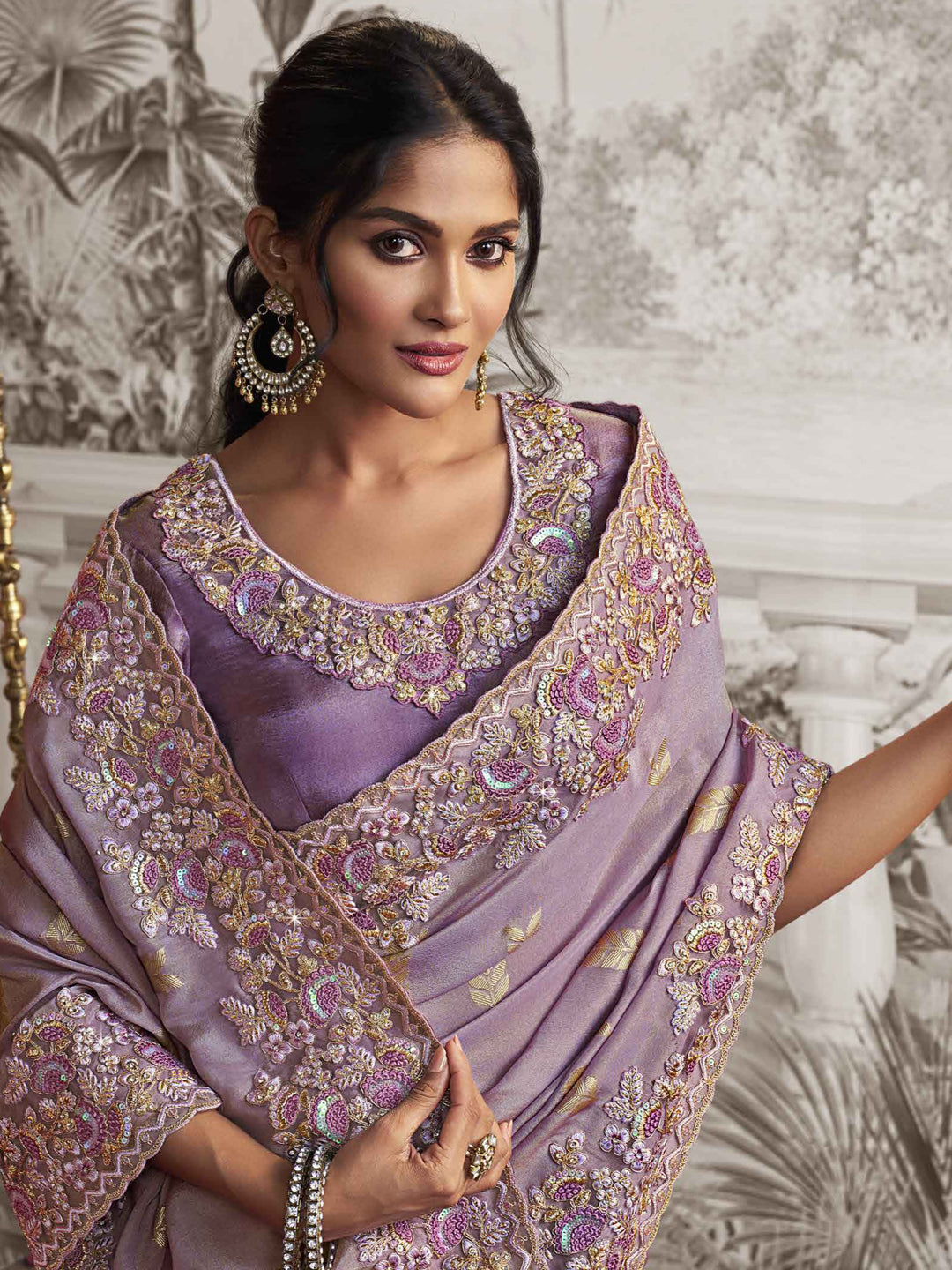 Embroidered Silk Traditional Partywear Saree In Violet Color-81747
