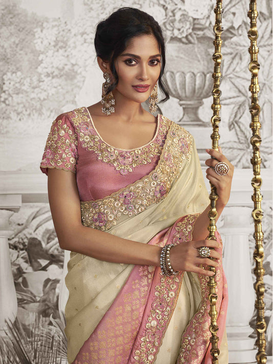 Embroidered Silk Traditional Partywear Saree In Off white Color-81748