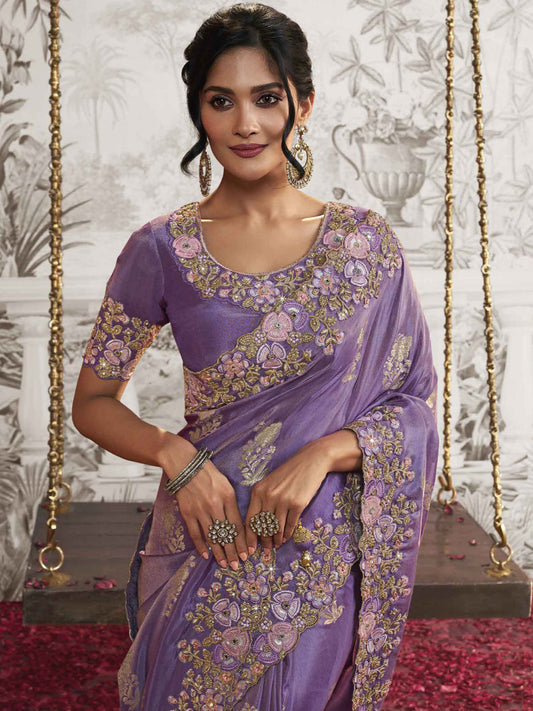 Embroidered Silk Traditional Partywear Saree In Purple Color-81749