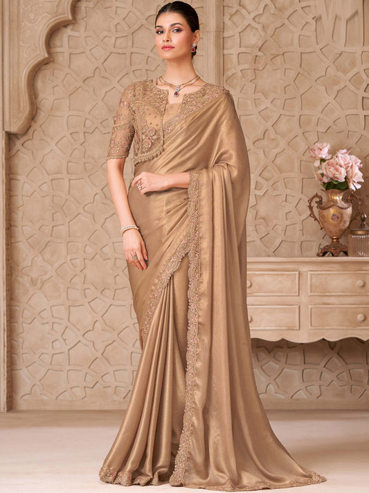 Gold Shimmer Sartin Georgette with Embroidered Saree-32008