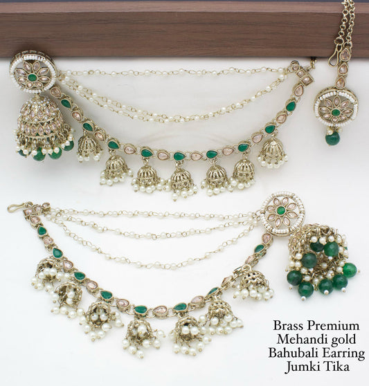 Brass Premium quality Mehandi Gold Bahubali Earring jumki tika set-301146