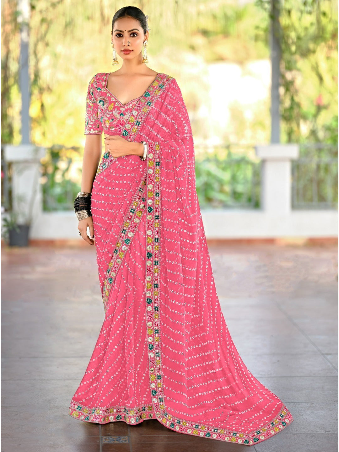 Georgette with Bandhej Printed Sequence work Saree in Pink color-41016