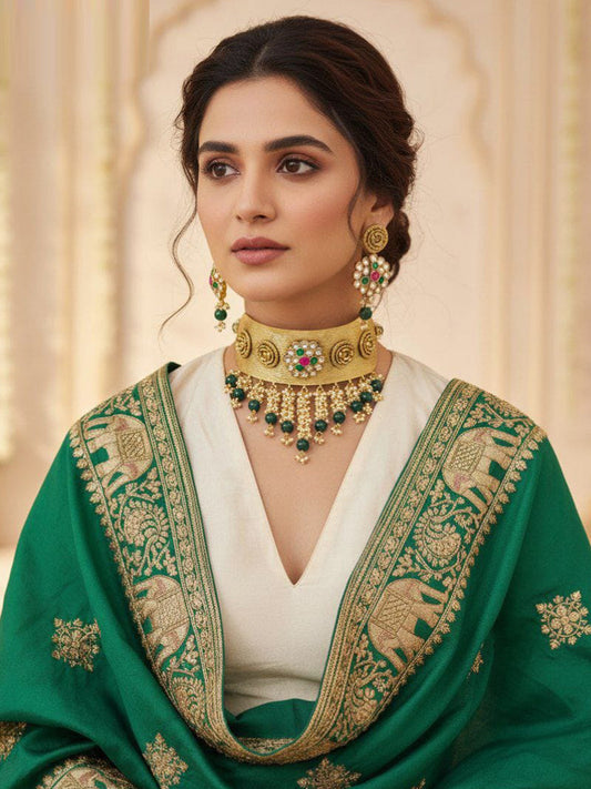 Women Antique Brass Kundan Necklace Jewelry Set -20190