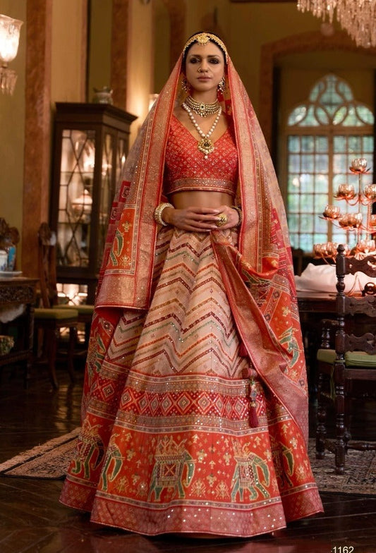 Mirror Work Art Silk Bridal Lehenga in Off white and White