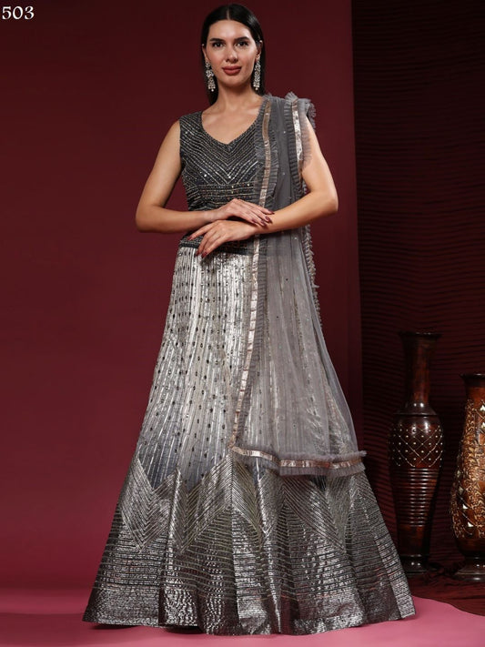 Mirror Coding Organza Lehenga in Silver and Gray