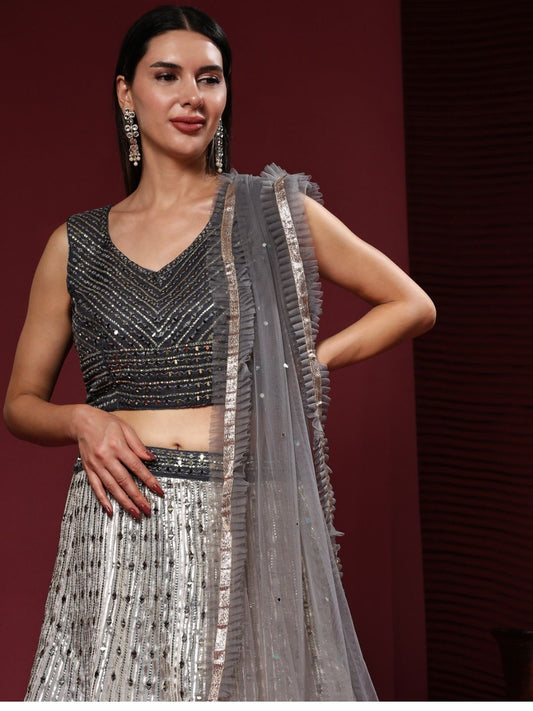 Mirror Coding Organza Lehenga in Silver and Gray