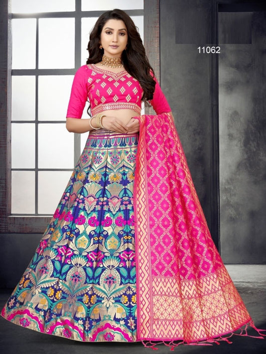 Woven Banarasi Lehenga in Purple and pink